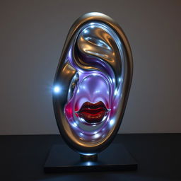 a combined installation sculpture featuring the basic shape of a human ear with a mouth uniquely crafted inside it