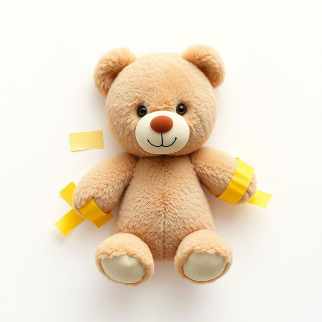 A 2D teddy bear doll affixed to a pristine white wall