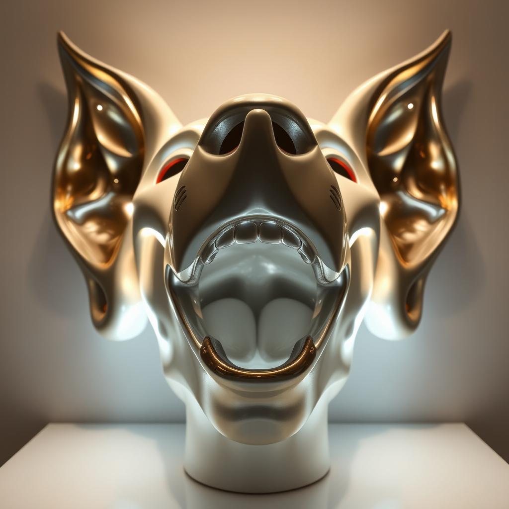 a combined installation sculpture where the shape of the mouth is more pronounced, set against a backdrop of sculptural ears with built-in breathing lights