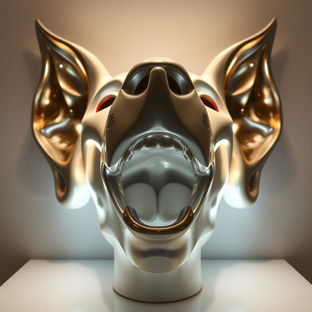 a combined installation sculpture where the shape of the mouth is more pronounced, set against a backdrop of sculptural ears with built-in breathing lights