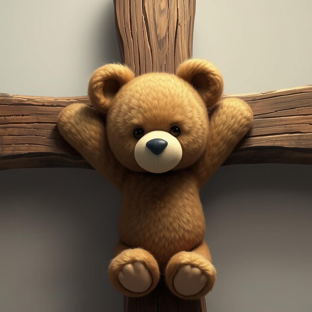 A 2D teddy bear depicted in an artistic and symbolic manner, crucified on a wooden cross