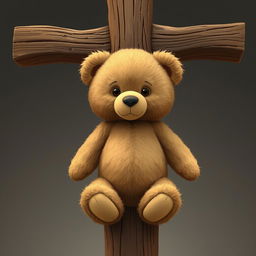 A 2D teddy bear depicted in an artistic and symbolic manner, crucified on a wooden cross