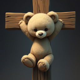 A 2D teddy bear depicted in an artistic and symbolic manner, crucified on a wooden cross