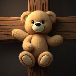 A 2D teddy bear depicted in an artistic and symbolic manner, crucified on a wooden cross