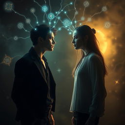 A mysterious scene depicting a psychic or mental connection between two individuals