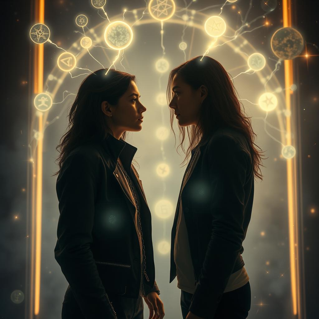 A mysterious scene depicting a psychic or mental connection between two individuals