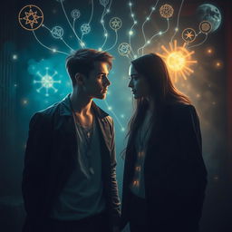 A mysterious scene depicting a psychic or mental connection between two individuals