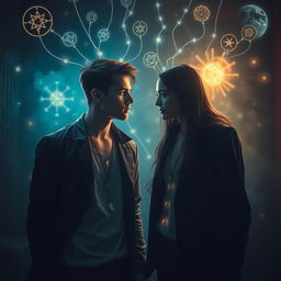 A mysterious scene depicting a psychic or mental connection between two individuals