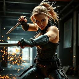 A fierce and dynamic scene featuring a woman resembling Margot Robbie as an assassin in the midst of an intense fight