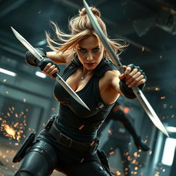 A fierce and dynamic scene featuring a woman resembling Margot Robbie as an assassin in the midst of an intense fight