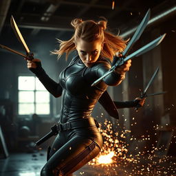 A fierce and dynamic scene featuring a woman resembling Margot Robbie as an assassin in the midst of an intense fight