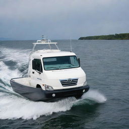 A robust and reliable off-shore boat design that incorporates the design elements, distinctive logo, and colors of a Hino truck