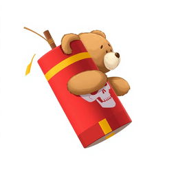 A 2D illustration of a teddy bear affixed to a red firework using yellow adhesive tape