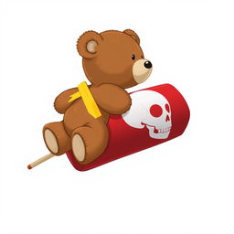 A 2D illustration of a teddy bear affixed to a red firework using yellow adhesive tape