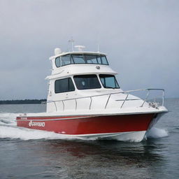 A robust and reliable off-shore boat design that incorporates the design elements, distinctive logo, and colors of a Hino truck