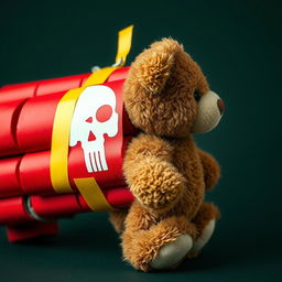 A teddy bear attached to a red stick of dynamite using yellow adhesive tape