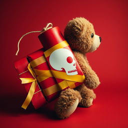 A teddy bear attached to a red stick of dynamite using yellow adhesive tape