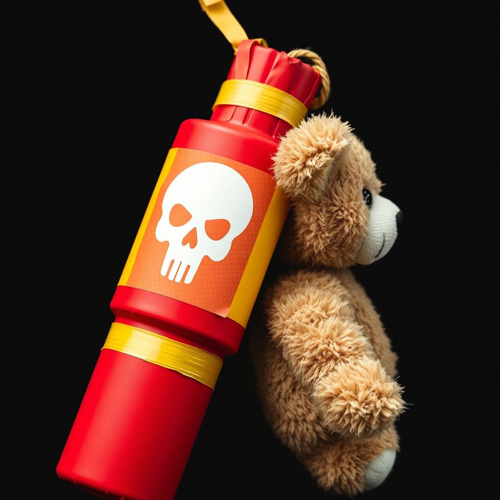 A teddy bear attached to a red stick of dynamite using yellow adhesive tape