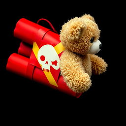 A teddy bear attached to a red stick of dynamite using yellow adhesive tape