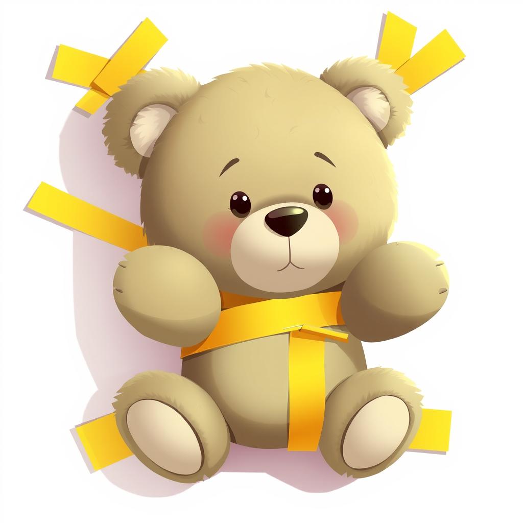 A 2D illustration of a teddy bear attached to a background using yellow adhesive tape