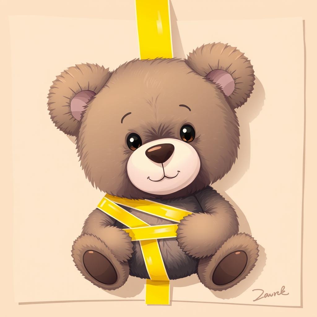 A 2D illustration of a teddy bear attached to a background using yellow adhesive tape