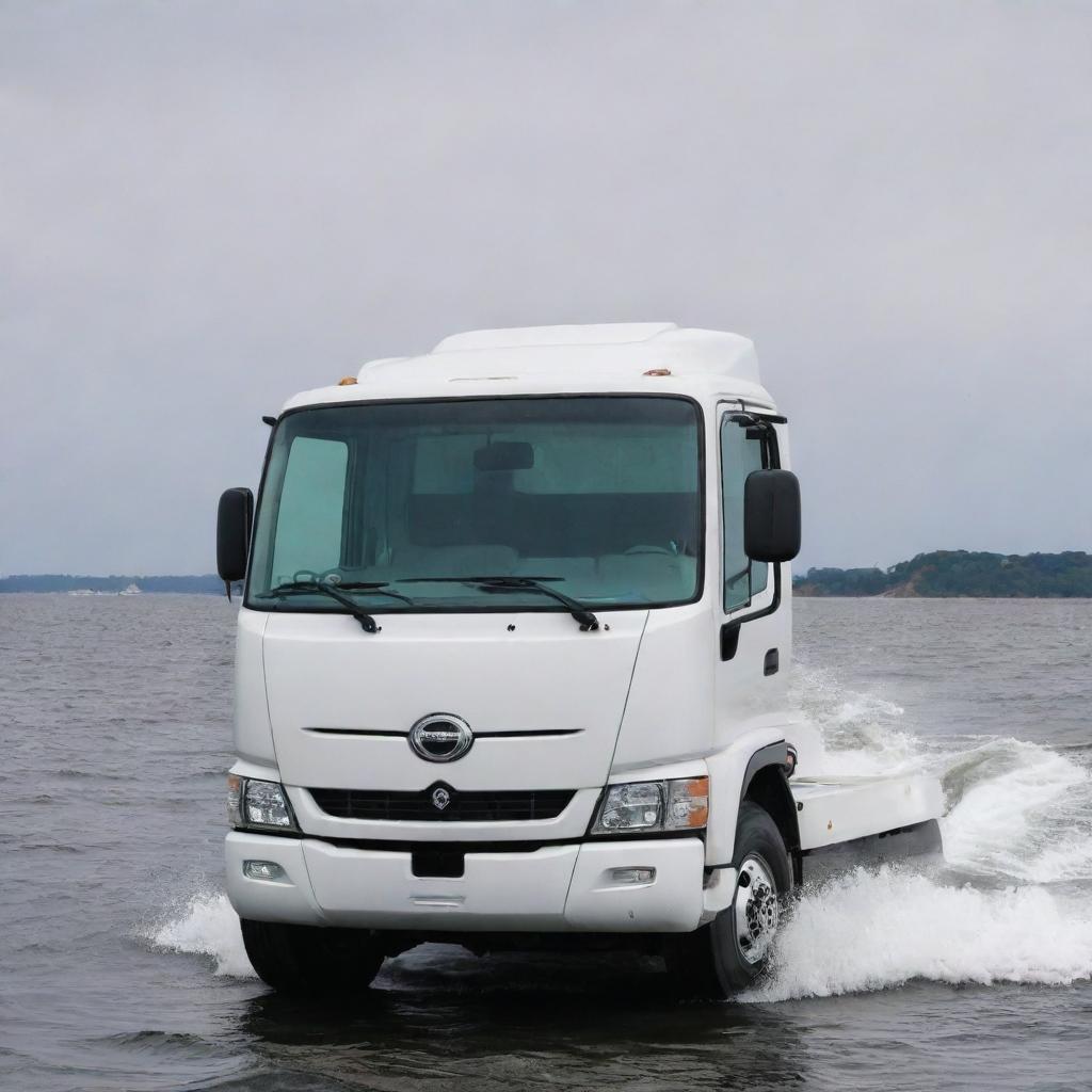 A robust and reliable off-shore boat design that incorporates the design elements, distinctive logo, and colors of a Hino truck