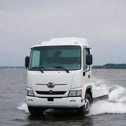 A robust and reliable off-shore boat design that incorporates the design elements, distinctive logo, and colors of a Hino truck