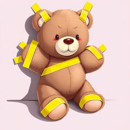 A 2D illustration of a teddy bear with its hands and legs attached to a surface using yellow adhesive tape