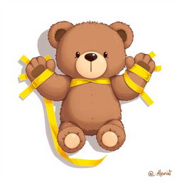 A 2D illustration of a teddy bear with its hands and legs attached to a surface using yellow adhesive tape