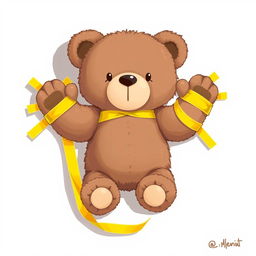 A 2D illustration of a teddy bear with its hands and legs attached to a surface using yellow adhesive tape