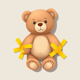 A 2D illustration of a teddy bear with its hands and legs fastened to a flat surface using yellow adhesive tape