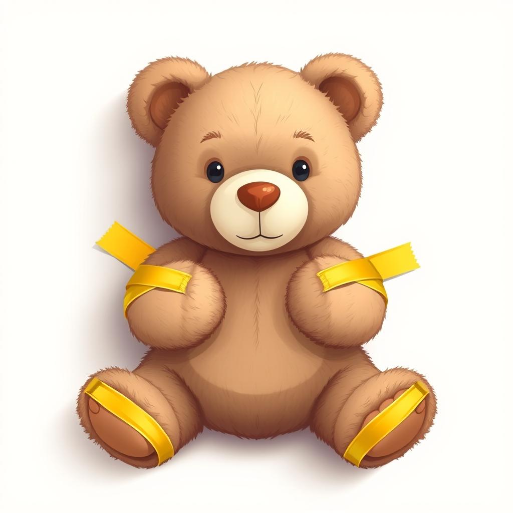 A 2D illustration of a teddy bear with its hands and legs fastened to a flat surface using yellow adhesive tape