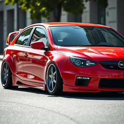 A red Opel Kadett car with an impressive tuning modification