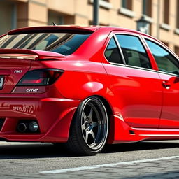 A red Opel Kadett car with an impressive tuning modification