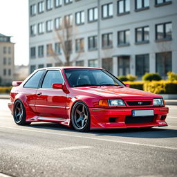 A 1994 red Opel Kadett car with a breathtaking tuning modification