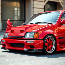 A 1994 red Opel Kadett car with a breathtaking tuning modification