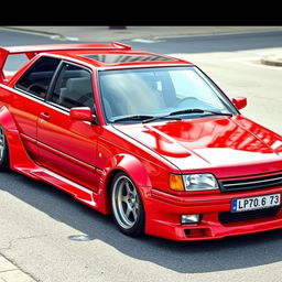 A 1994 red Opel Kadett car with a breathtaking tuning modification