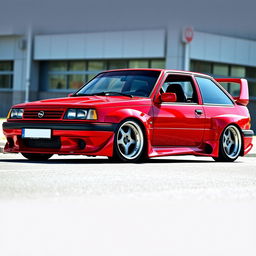 A 1994 red Opel Kadett car with a breathtaking tuning modification