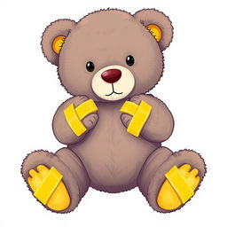 A 2D illustration of a teddy bear with its hands and legs each secured by a piece of yellow adhesive tape