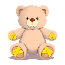 A 2D illustration of a teddy bear with its hands and legs each secured by a piece of yellow adhesive tape