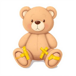 A 2D illustration of a teddy bear with its hands and legs each secured by a piece of yellow adhesive tape