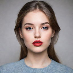 A stylish young girl with intriguing closet eyes, a pointed nose, and round lips