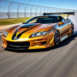 A stunning 2002 Camaro Z28 SS racecar enhanced with aggressive aerodynamic parts, finished in luxurious metallic gold