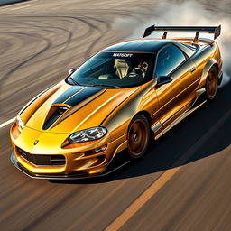 A stunning 2002 Camaro Z28 SS racecar enhanced with aggressive aerodynamic parts, finished in luxurious metallic gold