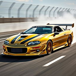 A stunning 2002 Camaro Z28 SS racecar enhanced with aggressive aerodynamic parts, finished in luxurious metallic gold