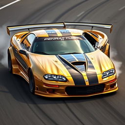 A stunning 2002 Camaro Z28 SS racecar enhanced with aggressive aerodynamic parts, finished in luxurious metallic gold