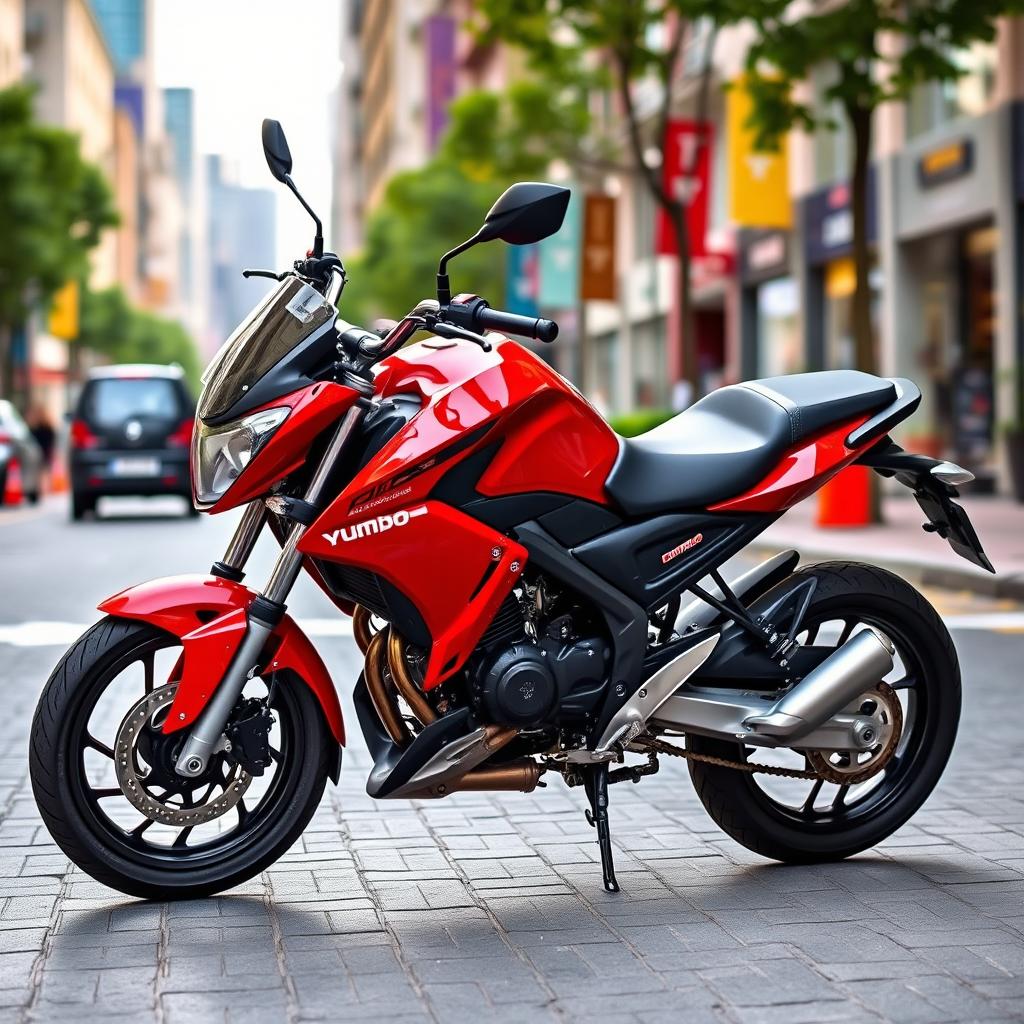 A striking red Yumbo GS 125 motorcycle parked on a vibrant city street