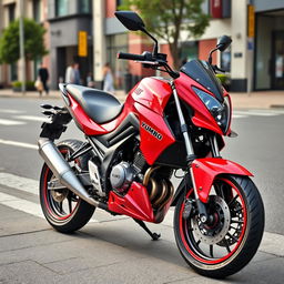 A striking red Yumbo GS 125 motorcycle parked on a vibrant city street