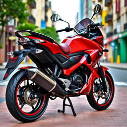 A striking red Yumbo GS 125 motorcycle parked on a vibrant city street