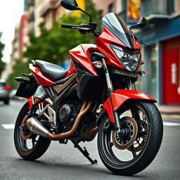 A striking red Yumbo GS 125 motorcycle parked on a vibrant city street